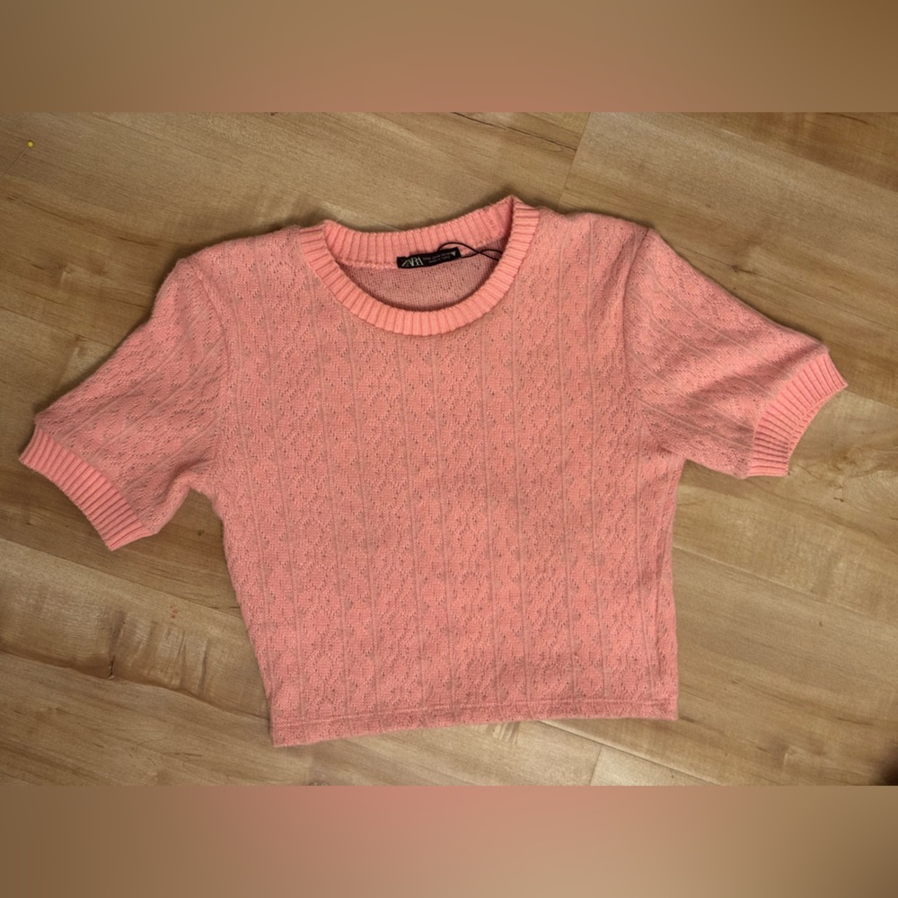 Zara Pink Pointelle Knit Crop Sweater Top